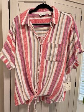 Striped Tie-Front Short Sleeve Shirt - XXL